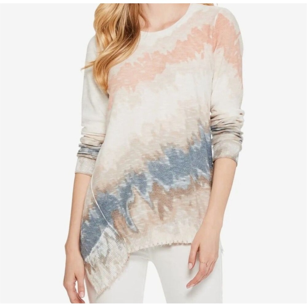 NIC+ZOE Tie Dye Asymmetrical Hem Lightweight Sweater Women Size Small Peach Blue